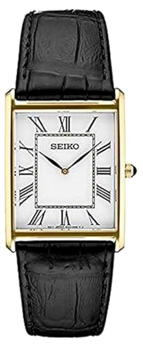 SEIKO SWR052 Watch for Men - Essentials - Water Resistant with Gold-Tone Stainless Steel Rectangular Case, White Dial with Roman Numerals, and Black Leather Strap