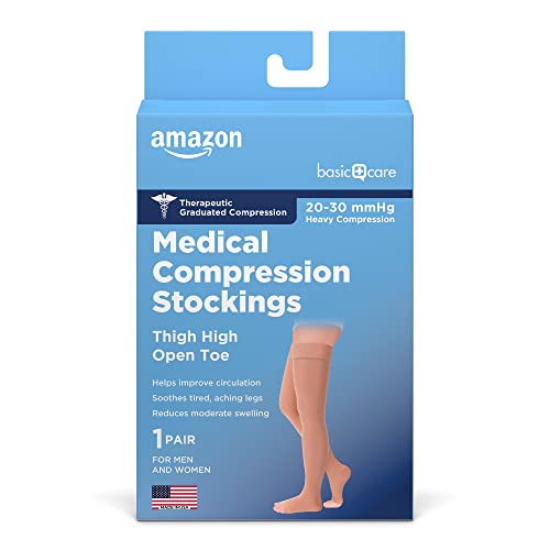 Amazon Basic Care Medical Compression Stockings, 20-30 mmHg Support, Women & Men Thigh Length Hose, Open Toe, Beige, 2X-Large (Previously NuVein)