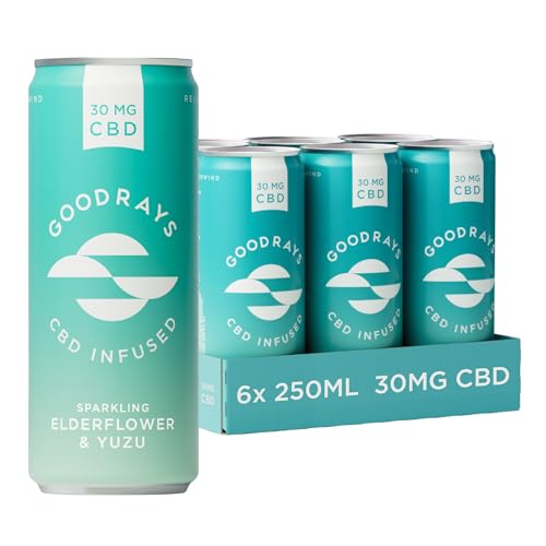 GOODRAYS CBD Drinks, Sparkling Low Calorie Soft Drink, Vegan, Elderflower & Yuzu, 6 x 250ml Cans, Packaging May Vary