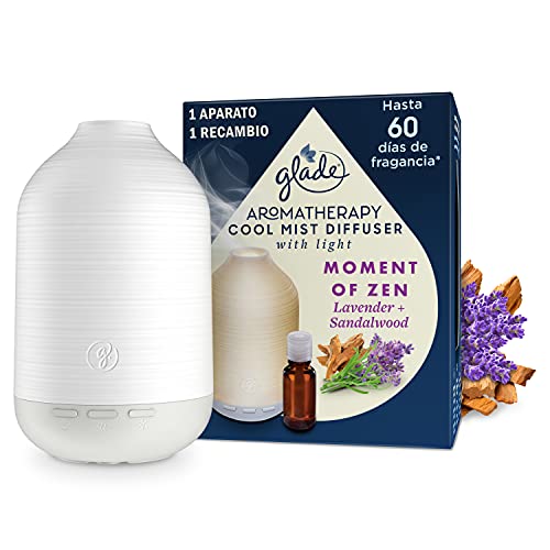 Glade Aromatherapy Essential Oil Diffuser, Moment Of Zen, Lavender & Sandalwood, Diffuser And Refill, With USB And Dimmable Light, Colorless, 84 x 108 x 138