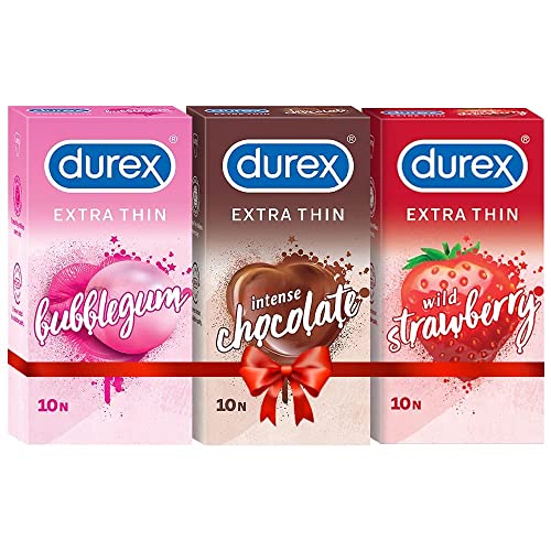Durex Extra Thin Flavoured Condoms, 10s, Pack of 3 (Bubblegum + Chocolate + Strawberry)