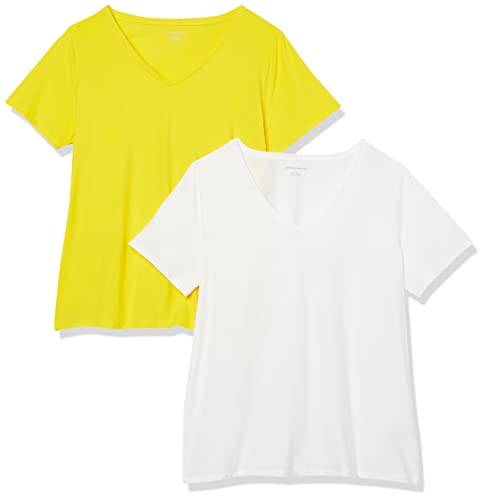 Amazon Essentials Women's Plus Size Short-Sleeve V-Neck T-Shirt, Pack of 2, White/Lemon Yellow, 3X