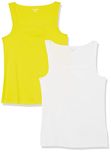 Amazon Essentials Women's Slim Fit Square Neck Tank Top, Pack of 2, White/Lemon Yellow, X-Large