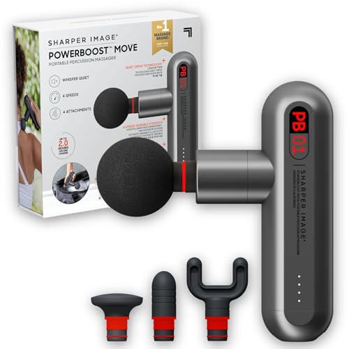 Sharper Image Percussion Massage Gun, Powerboost Move, Lightweight & Portable, 4 Attachments, 4 Speeds, Full Body Back & Shoulder Massager for Deep Tissue Muscle Recovery, Pain Relief & Soreness