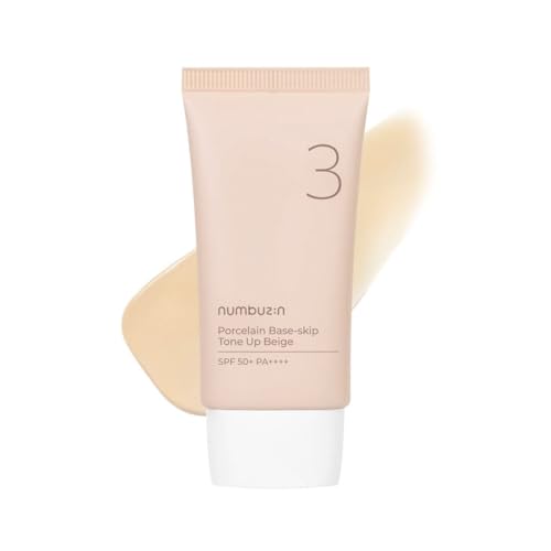 numbuzin No.3 Porcelain Base-skip Tone Up Beige | SPF50+ PA++++ | Lightweight, Hydrating | Zinc Oxide, Niacinamide | Sheer, Natural Finish, Evens Skin Tone | Korean Skincare 1.69 fl. oz.