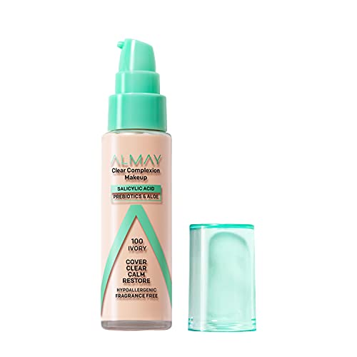Almay Clear Complexion Acne Foundation Makeup with Salicylic Acid, Medium Coverage, Soft Matte Finish, Hypoallergenic, Cruelty- & Fragrance-Free, Dermatologist Tested, 100 Ivory, 1 fl oz