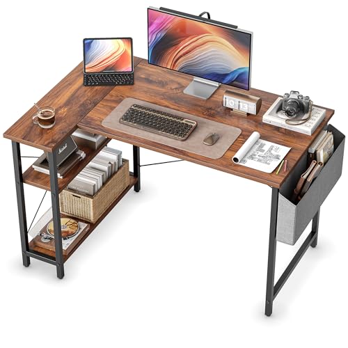 CubiCubi L Shaped Desk, 40 Inch Computer Desk with Reversible Storage Shelves Home Office Corner Desk Study Writing Table, Deep Brown