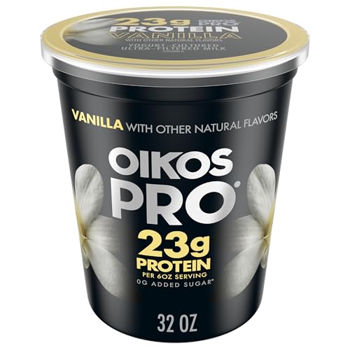 Oikos Pro Vanilla Yogurt-Cultured Ultra-Filtered Milk Product, 23 Grams of Protein, 0g Added Sugar, Just a Delicious High Protein Snack, 32 OZ Tub