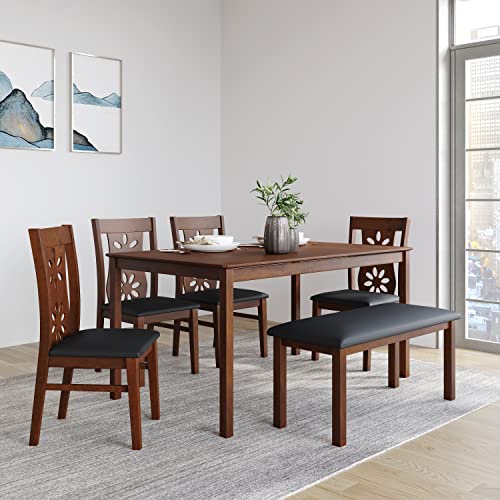 @home By Nilkamal Rigel 6 Setaer Solid Wood Dining Set with Chairs & Bench in Dark Walnut Finish for Dining & Kitchen Room