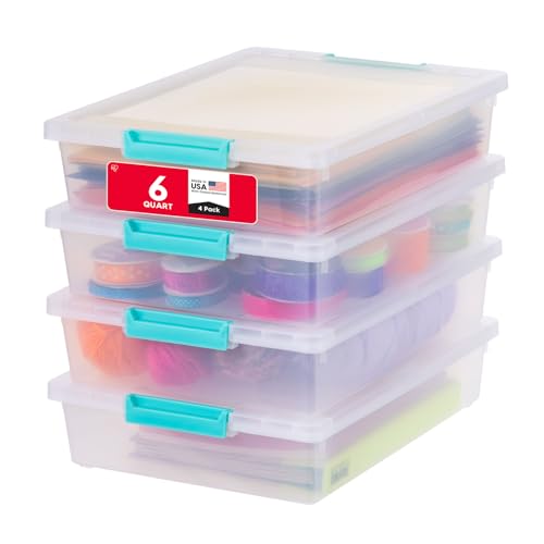 IRIS USA 6 Qt. Plastic Storage Bins Containers with Lids, 4 Pack, Small Sensory Bin, Craft Storage, Craft Organizers & Storage, Organizing Container for Home, Office & Art Supplies, Stackable, Clear