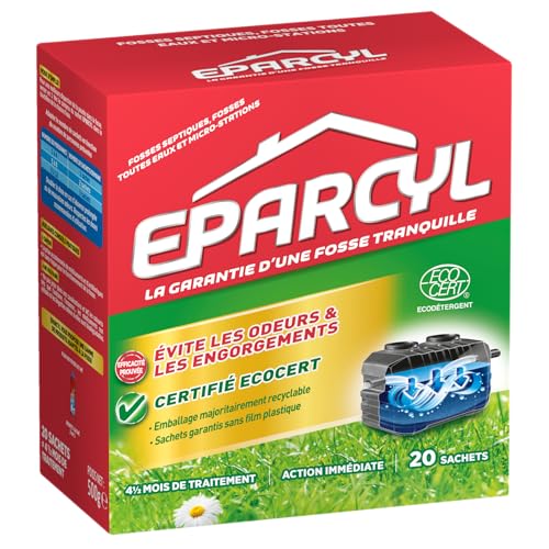 Eparcyl - 20 Sachets - Immediate Action - 4 and a half months of treatment - Septic tanks - All water tanks and micro-stations - Prevents odours and clogging - Ecological & Ecocert Certified