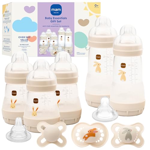MAM Newborn Essentials Matte Feeding Set with Easy Start Anti-Colic Bottles 5oz, Self-Sterilizing, 0-3 Months Pacifiers and Skinsoft Silicone Nipples, Baby Gift, 10 Pieces