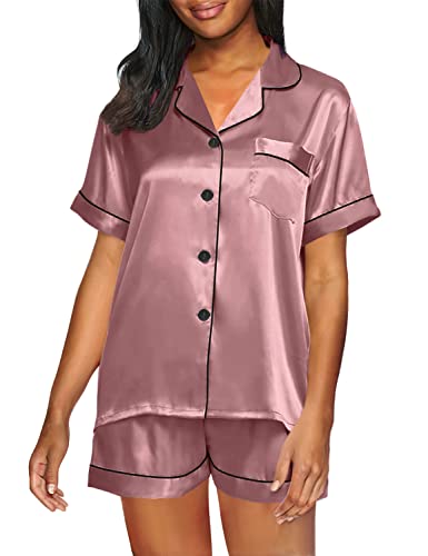 LecGee Womens Silk Satin Pajamas Set Button Down Sleepwear Loungewear