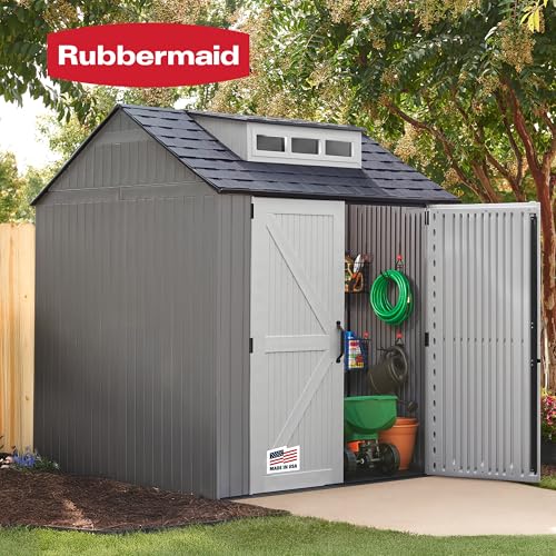 Rubbermaid Resin Outdoor Storage Shed With Floor (7 x 7 Ft) Weather Resistant Gray Organization for Home/Backyard/Garden Tools/Lawn Mower/Bike Storage/Pool Supplies