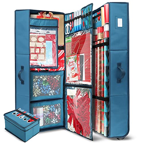 Hearth &amp; Harbor Wrapping Paper Storage Container with Ribbon Dispenser and Interior Pockets - Large Christmas Storag