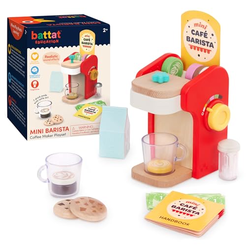 Battat Education – Wooden Barista Playset – Realistic Toy Coffee Maker with 22 Accessories for Pretend Play, Play Kitchen Toy, Encourages Creative Roleplay and Fine Motor Skills for Toddlers 2+ Years
