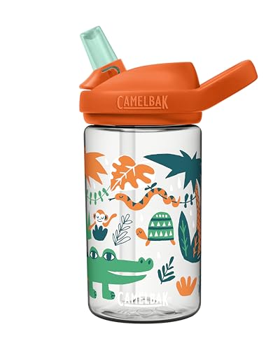 CamelBak Eddy+ Kids Bite Valve Straw Tritan Renew Water Bottle Orange Jungle Animals, 14oz