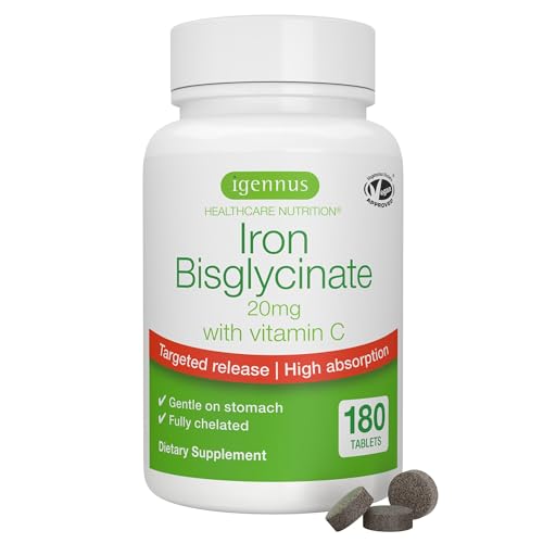 Igennus High Absorption Chelated Iron Bisglycinate 20mg, Vitamin C, 6 Month Supply, Gentle Formula, Clean Label & Targeted Release Ferrous Bisglycinate for Women and Men, One Daily, Vegan, 180 Tablets