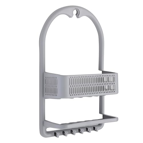 Bath Bliss Molded Shower Caddy | Bathroom Storage | Hangs Over Shower Head | 6 Accessory Hooks | Holds Razors | Washcloths | Accessories | Suction Cup Stability | Grey