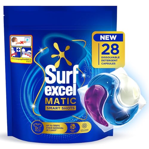 Excel 3 in 1 Smart Shots Unit Dose Liquid Detergent Pack of 28 Count for Both Front Load and Top Load Washing Machines|| (28 U x 19.9 g) Excel 3 in 1 