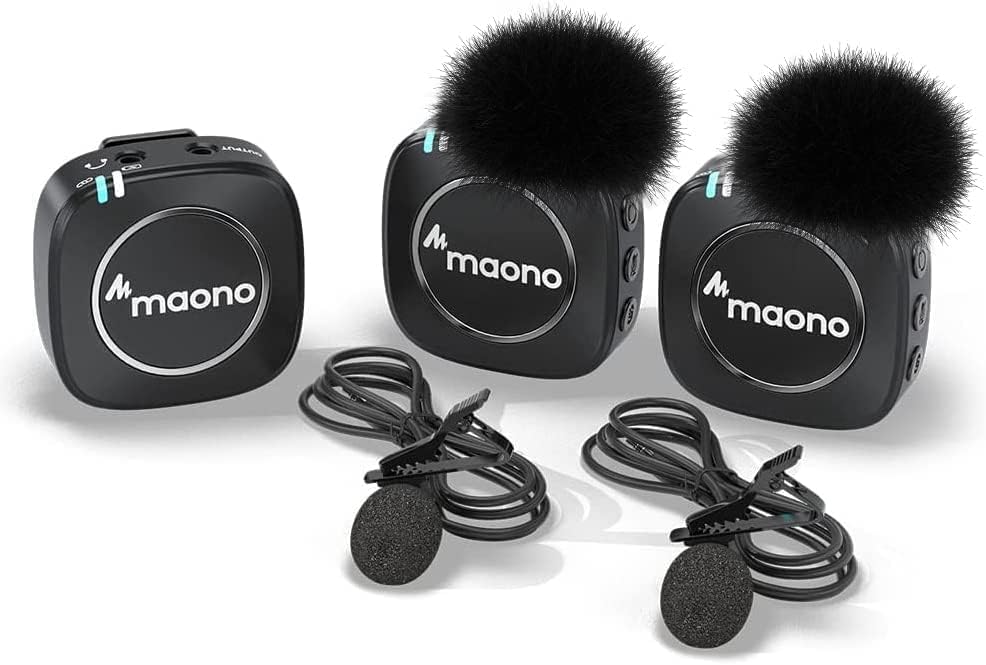 MAONO Compact Wireless Lavalier Microphone, 2.4GHz Dual Lapel Mics with Real-time Monitoring, Gain Adjustment and Mute for Interview, Vlogging, Live S