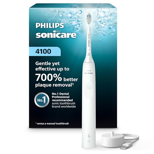 Philips Sonicare 4100 Rechargeable Electric Toothbrush, with Pressure Sensor, 2 Intensity Settings, SmarTimer and QuadPacer, 14-Day Battery Life, White, Model HX3681/23