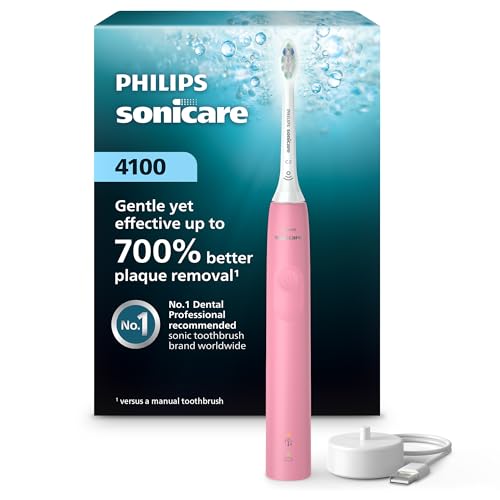Philips Sonicare 4100 Rechargeable Electric Toothbrush, with Pressure Sensor, 2 Intensity Settings, SmarTimer and QuadPacer, 14-Day Battery Life, Deep Pink, Model HX3681/26