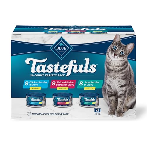 Blue Buffalo Tastefuls Flaked Wet Cat Food Variety Pack, Made with Natural Ingredients, Tuna, Chicken, Fish & Shrimp, 5.5-oz Cans (24 Count, 8 of Each)