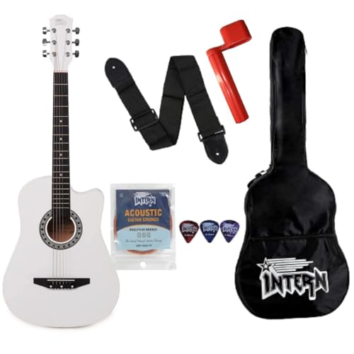 INT-38C-WH 38 Inch Cutaway Acoustic Guitar Kit with Bag, Strap, Picks & Extra Strings | Right Handed 6 String Wooden Guitar with Spruce Top & Ebony Fr