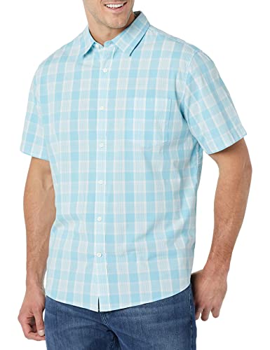 🔥 SELTEN SO GÜNSTIG (-67%) Amazon Essentials Herren Kurzarm-Hemd aus Stretch-Popeline, Normale Passform (in Übergrößen erhältlich), Hellblau Weiß Mittlere Karo, XS