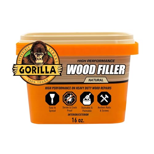 Gorilla All Purpose Wood Filler, Natural Finish, 16 Ounce Tub (Pack of 1) - Water Resistant for Indoor or Outdoor Projects and Repairs