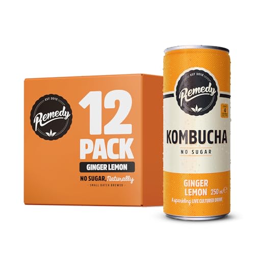 Remedy Raw Kombucha Tea - Sparkling Live Cultured Drink - Sugar Free Ginger Lemon - 250ml Can (12 Pack)