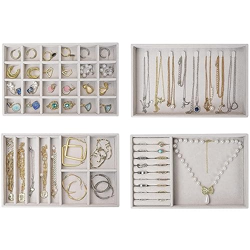 ProCase Stackable Jewelry Organizer Trays for Drawers, Jewelry Drawer Inserts Container Display Case Storage for Earring Necklace Rings Bracelet with Removable Dividers -Grey, 4 Layers