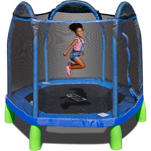 Sportspower Outdoor My First Kids Trampoline with Safety Enclosure Net and Foam Pad, 7FT Round - Blue/Green