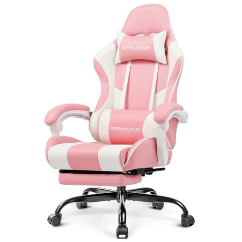 GTPLAYER Bürostuhl Gaming Stuhl Massage Gaming Sessel Ergonomischer Gamer Stuhl mit Fußstütze, Gepolstert Gaming Chair, Drehsessel 150KG,pink