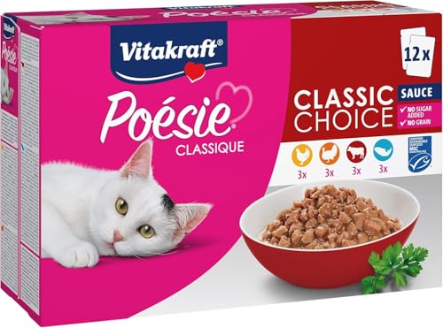 (-28%) Vitakraft Poésie Classique, Nassfutter Katze, Katzennassfutter in Sauce, mit Huhn, mit Truthahn, mit Rind, mit Lachs, ohne Zusatz von Zucker und Getreide (1 Paket mit 12x 85g)
