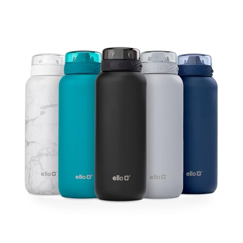 Ello Cooper 32oz Stainless Steel Water Bottle with Straw and Carry Handle, Double Walled and Vacuum Insulated Metal, Leak Proof Locking Lid with Soft Silicone Spout, Reusable, BPA Free, Black