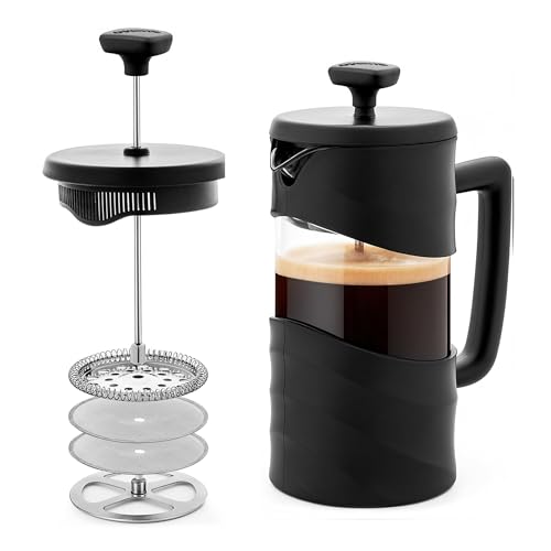 OVENTE French Press Coffee Maker 12 Ounce with Heat Resistant Borosilicate Glass & Stainless Steel 4-Level Filtration Sy