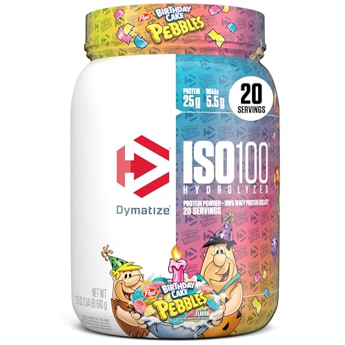 Dymatize x Birthday Cake Pebbles ISO100 Whey Protein Powder Isolate, 25g of Protein, 5.5g BCAAs, 120 Cal., Gluten Free, 1g Fat, 1g Sugar, 2g Carb (20 Servings)