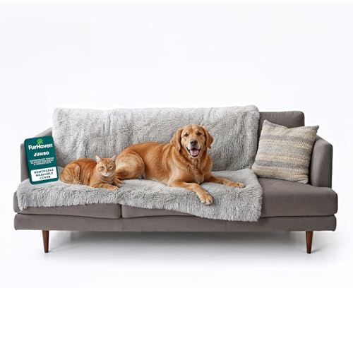 Furhaven Waterproof Throw Blanket for Dogs & Indoor Cats, Washable - Shaggy Plush Calming Long Faux Fur & Velvet Dog Blanket - Mist Gray, Extra Large/XL