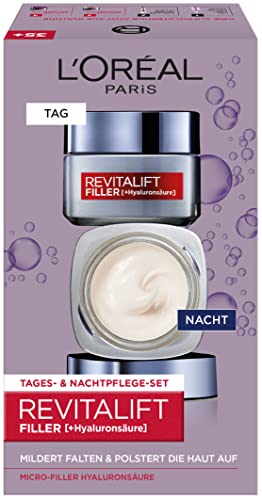 🔥 STARKER PREIS (-37%) L'Oréal Paris Gesichtspflege Set, Anti-Aging Hyaluron Tagespflege und Nachtpflege gegen Falten, mit Micro-Filler Hyaluronsäure, Revitalift Filler, 2 x 50 ml