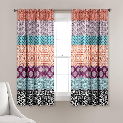 Lush Decor Bohemian Stripe Window Curtain Colorful Bold Design Panel Pair, 52" W x 63" L, Fuchsia & Orange
