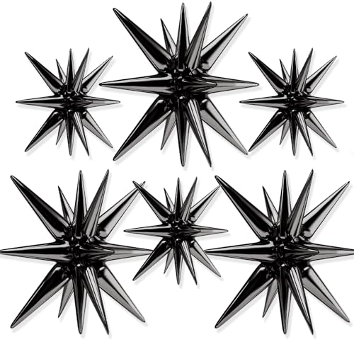 PartyWoo Black Star Foil Balloons 6pcs Different Sizes Pack of 27 22 Inch Large Black Starburst Spike Mylar Balloons for Graduation Birthday Retirement Anniversary Space Theme Party Decorations