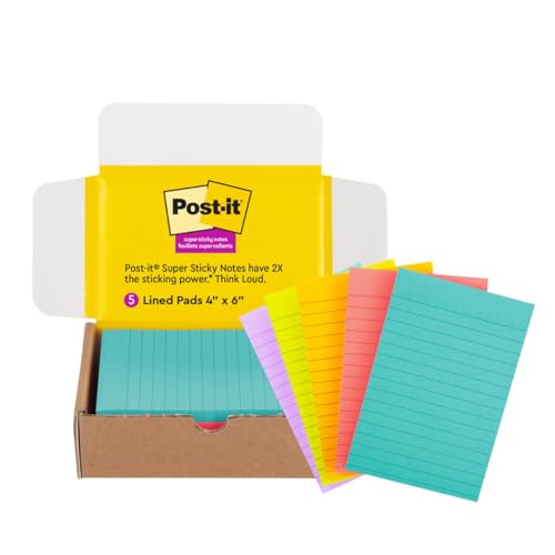 Post-it Super Sticky Lined Notes, 5 Sticky Note Pads, 4x6 in, 2X The Sticking Power, School Supplies, Office Products, Sticky Notes for Vertical Surfaces, Monitors, Walls and Windows, Bright Colors