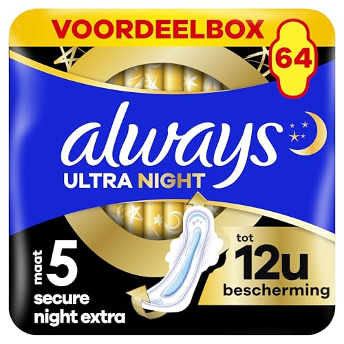 (-12%) Always Ultra Binden Damen Gr. 5, Secure Night Extra, 64 Damenbinden mit Flügeln (4 x 16 Stück) Multipack, dünn und super saugfähig, geruchsneutralisierend und Auslaufschutz