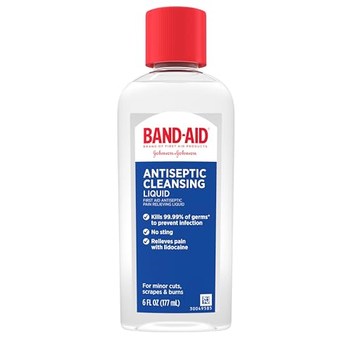 Band-Aid Brand Antiseptic Cleansing Liquid, First Aid Antiseptic Wash Relieves Pain & Kills Germs, with Benzalkonium Cl Wound Antiseptic & Lidocaine HCl Topical Analgesic, 6 fl. oz