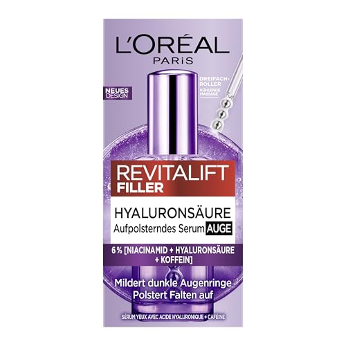 (-29%) L'Oréal Paris Augenserum für Frauen: sorgt für eine aufgepolsterte Augenpartie und weniger dunkle Augenringemit 2,5% [Hyaluronsäure+Koffein], Revitalift Filler, 1x 20ml
