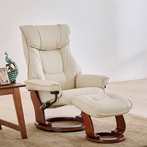 Home Centre | Silas Vanilla Faux Leather 1-Seater Revolving Recliner with Footstool | Recliner Sofa for Living Room | Solid Wood | White | 2 Year Warr