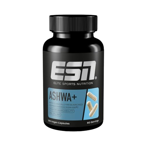 (-19%) ESN Ashwa+ Ashwagandha Kapseln - mit patentiertem KSM-66-Extrakt, Magnesium, Zink und Vitamin B6-600 mg pro Tagesdosis, davon 5% Withanolide - vegan - 120 Kapseln, 60 Portionen