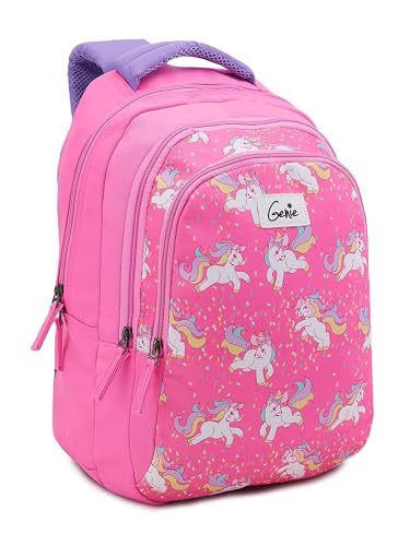 Genie Unicorn School Backpack for Girls |17 In-27 Ltr with Three Compartments, Side Pockets and Light Weight with Padded Shoulders |Best for Books,Sta